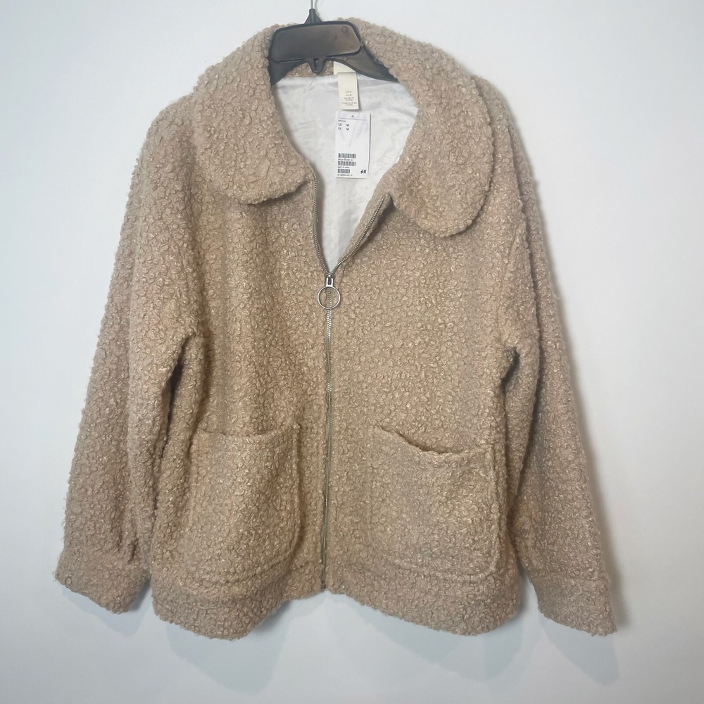 H&M Womens Long Sleeve Fleece Full Zip Sherpa Jacket Brown M Pockets Teddy Bear